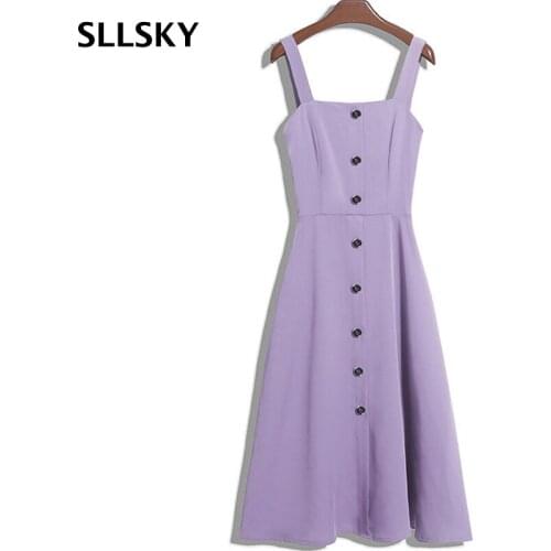 SLLSKY Sexy Suspender Sleeveless Dress Women Slash Neck Solid Mid-Calf Dress Fashion Sling Single Breasted Female Party Dress