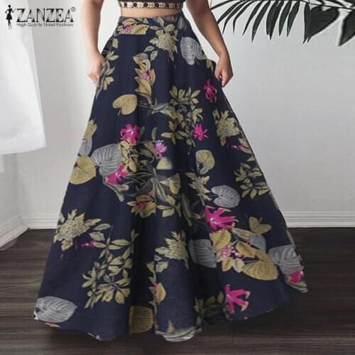 ZANZEA 2021 Womens Printed Skirts Autumn Fashion Maxi Sundress Casual High Waist Long Vestidos Female Floral Robe Plus Size