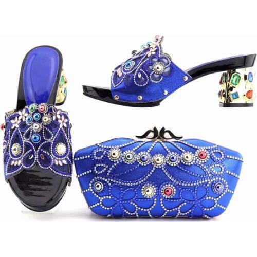 Wonderful royal blue women pumps with big colorful crystal and rhinestone for dress african shoes match handbag set V8817-2