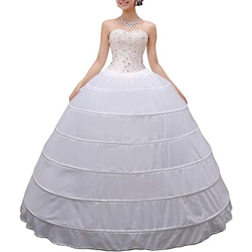 Women Crinoline Petticoat A-line 6 Hoop Skirt Slips Long Underskirt for Wedding Bridal Dress Ball Gown White