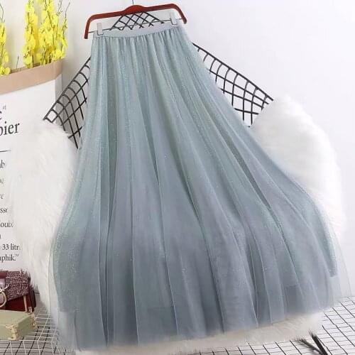 Korean Style Fashion Tulle Skirts Women 2020 Spring Autumn Elastic High Waist Skirt Female Elegant Mesh Midi Long A-line Skirt