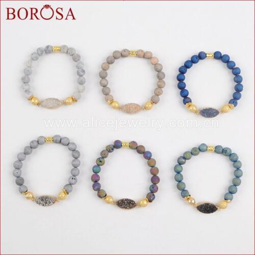 BOROSA Handcrafted Druzy Bracelets for Women,Gold Color Marquise & 8mm Rainbow Titanium Druzy Stone Beads Drusy Bracelet G1376