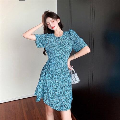 Vintage Style Dresses for Women Summer Print Puff Sleeve A-line Short Dress O-neck Floral Female Clothes 2021 NewFashion