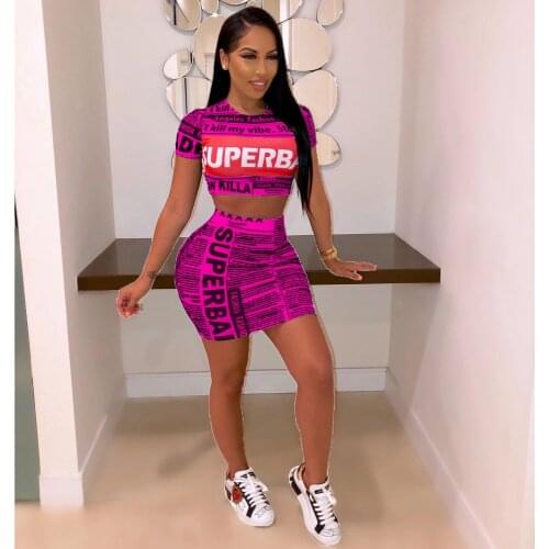 Womens Suit2021 New Fashion Casual O-Neck Short-Sleeved Top Skirt Above The Knee Skirt Newspaper Pattern Two-Piece Suit