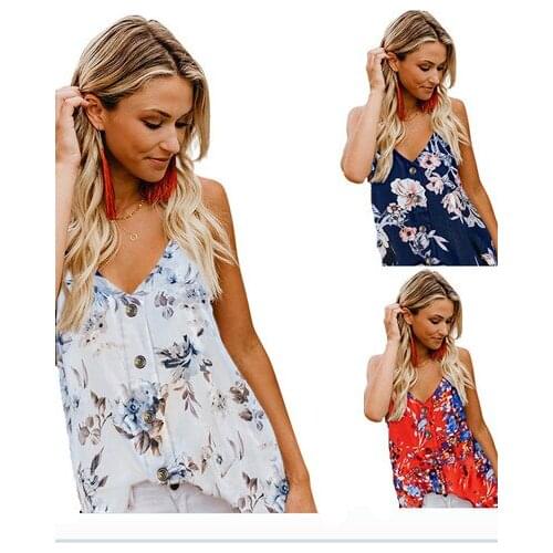 2021 Summer New Fashion Casual Sexy V Neck Sleeveless Backlees Floral Ladies Tops Buttons Print Basic Womens Loose Tops Tanks