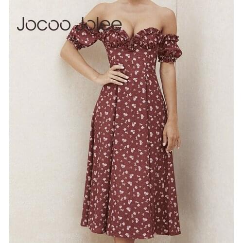 Jocoo Jolee Women Summer Sexy Basic Pleated Printing V-Neck Elegant Split Off Shoulder Long Dress Backless Skinny Party Club