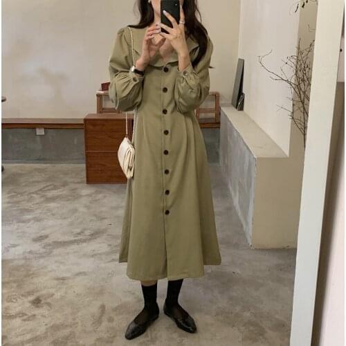 Korean Chic Minimalist Temperament Puff Sleeve Lapel Single Breasted Dress Office Lady Fashion Vestidos