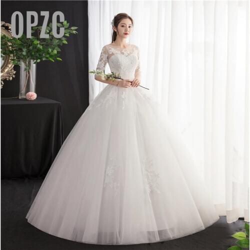 Real photo Elegant Beautiful O-Neck Half Sleeve Wedding Dresses Lace Embroidery Appliques Vestidos De Novia Plus Size Bride Gown