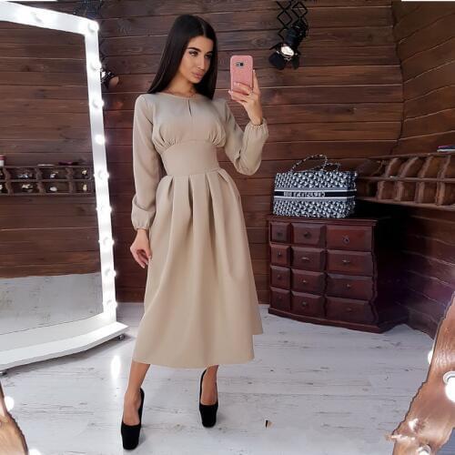 Women Vintage Front Hollow Out A-line Party Dress Long Sleeve O neck Solid A-line Party Dress 2019 Winter Fashion Women Dress