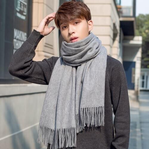 Winter 100% Lamb Wool Scarf Men Neck Warmer Thicken Gray Pashmina Wraps Foulard for Mans Cashmere Echarpe Pure Wool Scarves