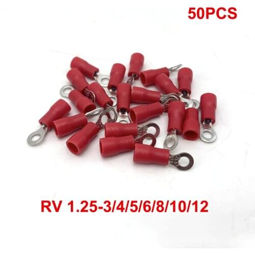50pcs RV1.25- 3 4 5 6 8 10 12 Red Ring Insulated Wire Connector Electrical Crimp Terminal Cable Wire Connector AWG