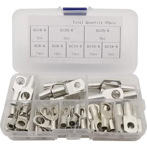 60Pcs SC Terminals Lug Tinned Copper Tube Lug Ring Battery Wire Connectors Bare Cable Crimped/Soldered Terminal Assortment Kit