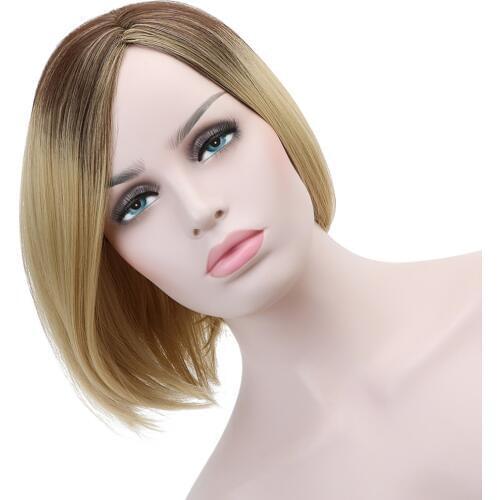Free Beauty 14'' Short Natural Straight Blonde Ombre Synthetic Wigs with Side Bangs Dark Roots for Women Cosplay Party Daily