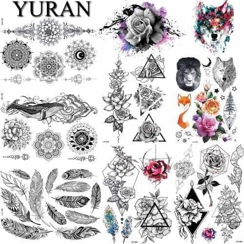 Black Henna Mandala Flower Chains Daisy Fake Tattoos Temporary Arm Ankle Triangle Tattoo Stickers Feather Chest Art Tato Custom