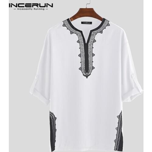 INCERUN Men Tops African Dashiki T Shirts Printed Long Sleeve V Neck Breathable Ethnic Style Casual T-shirts Camiseta Masculina