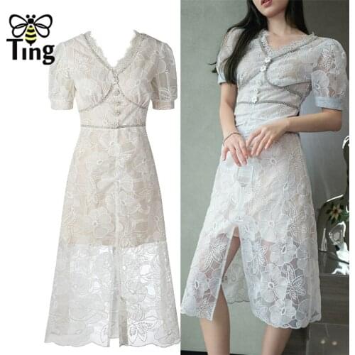 Tingfly Summer Fashion Luxury Flower Button Decor Glitter Crystal High Waist Dress Lady Girl Lace Slim Casual Vestidos Elbise Za