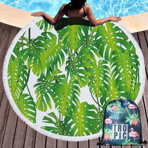 Flower Summer Round Leaves Beach Towel with Drawstring Backpack Bag Microfiber Shower Towels Mat Bikini Cover Up with Tassels