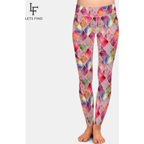 LETSFIND Hot Sales Women High Waist Legging Geometric Plaid Printing Leggings Slim High Elasticity Fitness Leggings Female Pants
