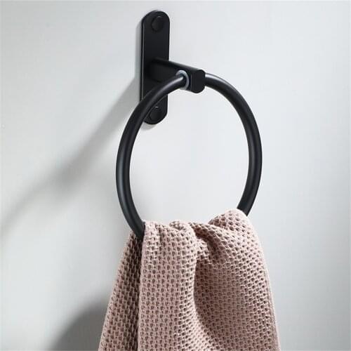 Matte Black Finish Aluminum Alloy Wall Mounted Towel Ring Bathroom Accessories Round Towel Holder Bathroom Towel Rack Hanger