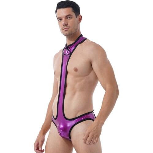 Mens Shiny Patent Leather One-piece Bodysuit O Ring Round Neck Sexy Bulge Pouch Panties Open Butt Leotard Catsuit Swimsuit