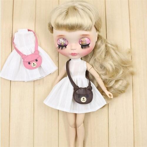 Outfits for Blyth doll White dress with Teddy bag cute dressing for icy dbs 1/6 bjd