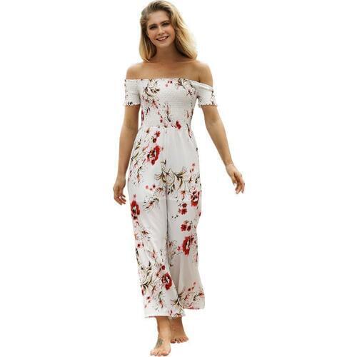 New Trending Floral Off the Should Jumpsuits High Waist Ankle-length Pants Casual High Street Bodysuits Slash Neck Slamese Pants