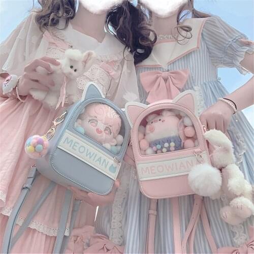 Original Solid Cat Ear Transparent Ita Bags OB11 10cm 20cm Plush Doll Bag Uniform Backpack Women Jelly Travel Shoulder Bags