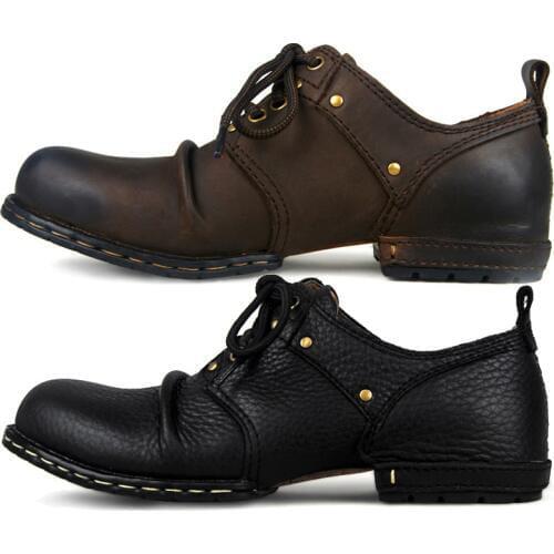 OTTO ZONE Handmade Genuine Cow Leather Ankle Boots Fashion Men Shoes Boots Rivet Flat Shoes Casual Lace-Up Shoes Basic Boot