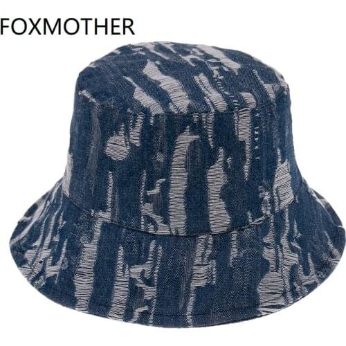 FOXMOTHER New Fashion Vintage Women Blue Black Hole Denim Bucket Hats Mens Buckethat Casquette Panama Outdoor Fishing Caps