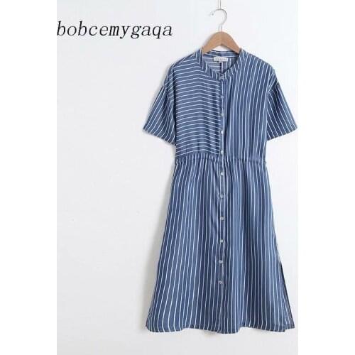 Striped long shirt dress women short sleeve button up summer jeans dress work office lady dress vestidos mujer