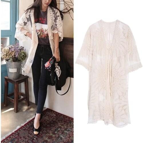 Beach Cover Up Floral Embroidery Bikini Swimwear Women Robe Cardigan BathingSuit