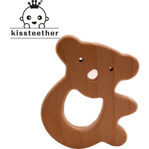 Kissteether Baby Wooden Teether Beech Wood Cartoon Bear Teething Toys Montessori Inspired Nursing Pendant Baby Teether