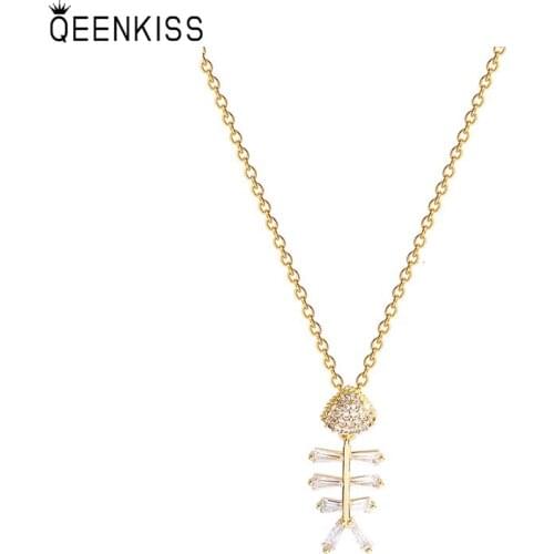 QEENKISS NC726 Fine Jewelry Wholesale Fashion Trendy Woman Birthday Wedding Gift Fish Bone AAA Zircon 18KT Gold Pendant Necklace