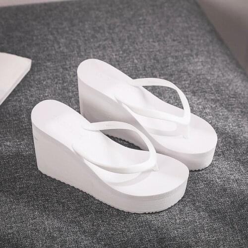 Comemore Women Summer Shoes Woman 2021 Wedge Rubber Flip Flops Heeled Mules Candy Colors Platform Female Beach Slippers White 39