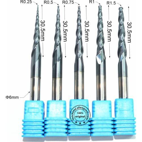 5PCS,R0.25-R1.5,HRC55 CNC TIALN solid carbide end mill,woodworking router bit,taper ball nose milling cutter,spherical cone bit
