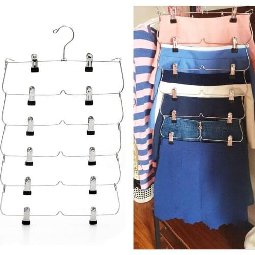 6-Tier Skirt Pants Shorts Hangers with Adjustable Clips Space Saving No Slip 12 Clips Clothing Storage Metal Skirt Rack 3 color