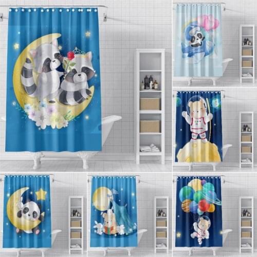 Cute Cartoon Print Shower Curtain Night Animal Bathroom Curtain With Hooks Waterproof Mildew Proof Bathroom Shower Curtains