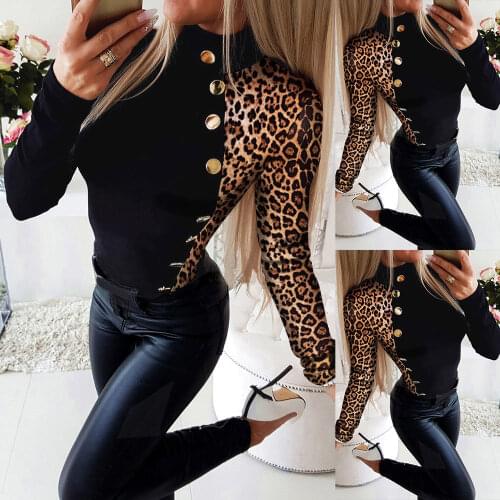 Long Sleeve Button Ladies Tshirt Blouses Patchwork Leopard Printed Women T-Shirt Top Stand Collar Fashion Office Ol T-Shirt