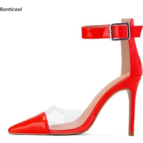 Ronticool Handmade Women Glossy Pumps Ankle Strap Stiletto High Heels Pointed Toe 11 Colors Dress Shoes Ladies US Plus Size 5-15