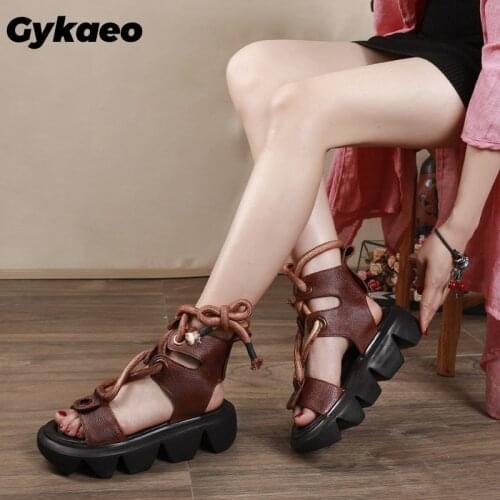 Genuine Leather Shoes Woman Gladiator Roman Sandals Lace Up Drawstring Boots Comfy Thick Bottom Non Slip Women Platform Sandals