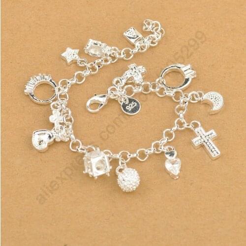 Top Quality Real 925 Sterling Silver Cross Moon Heart Shaped Charms Pendants Bracelet Daily Party Jewelry For Women Girl