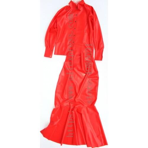 Womens latex suit sex including red latex top long sleeve and long skirt with 100% handmade crafts