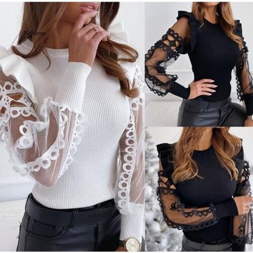 Hollowing Out Mesh Patchwork Womens Sweater O-neck Ruffles Shoulder Floral Long Sleeve Casual Female Wear New Fashion Spring