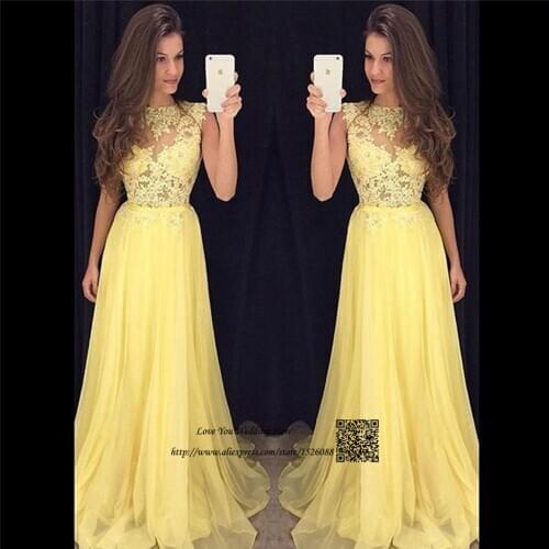 Vestido de Formatura Sexy Long Prom Dresses 2017 Vestidos de Gala Yellow Formal Evening Gowns Lace College Graduation Dress
