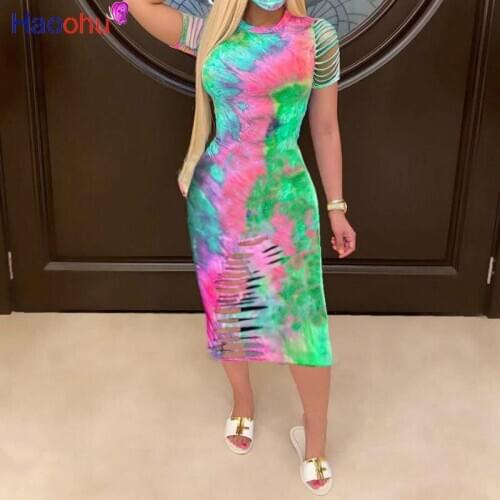 Rainbow Tie Dye Shirt Dress Female O Neck Hollow Out Short Sleeve Mid-calf Dress Casual High Waist Bodycon Pencil Dress No Mask