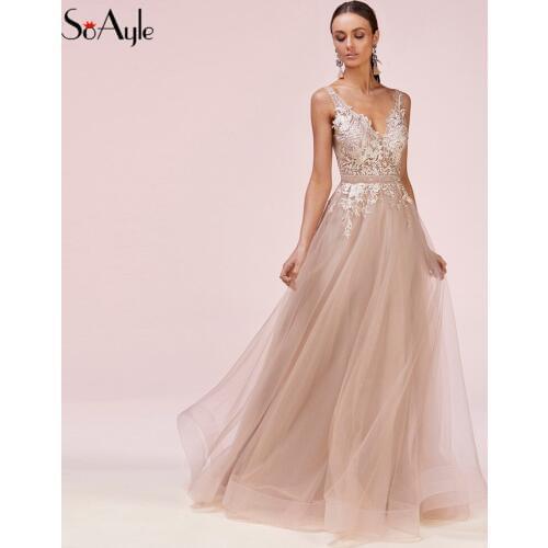 SoAyle Evening Dress Deep V-neck Lace Appliques Evening Dresses 2019 Prom Dress A-line Sexy Celebrity Red Carpet robe de soiree