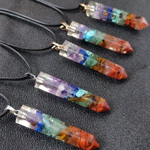 12pcs Chakra energy Yoga Meditation Necklace Pendants Gravel Quartz Natural Stone Hexagonal Column Dowsing Pendulum
