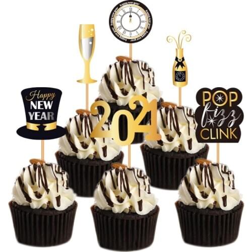 2021 New Year Gold Black cupcake topper New Years Eve Celebration party cake decoration clock champagne glass topper 6pcs