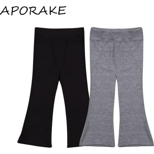 2021 0-7Y Toddler Baby Girls Pants Soft Knit Solid Color Flare Pants Boot Cut Trousers Bottoms