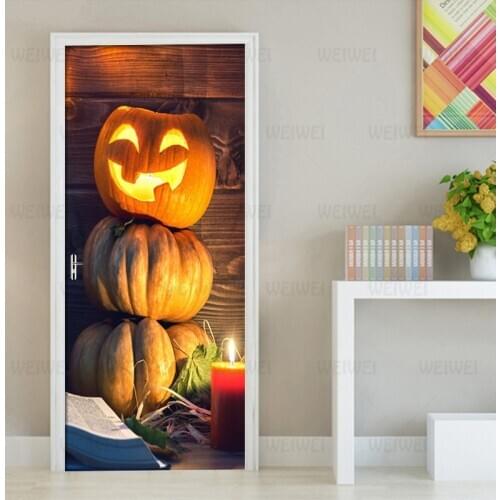 3D Halloween Pumpkin Light Door Sticker Wallpaper PVC Waterproof Self-adhesive Living Room Door Decor Decal Detachable 3D Mural